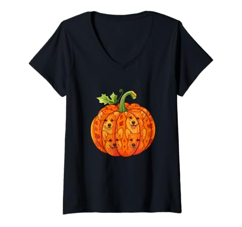 Damen Besitzer von Group Corgis Inside Pumpkin, Halloween-Erntedankfest T-Shirt mit V-Ausschnitt von Dog Thanksgiving Costume