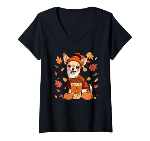 Damen Chihuahuas tragen Pullover Kaffee Thanksgiving Herbst Besitzer T-Shirt mit V-Ausschnitt von Dog Thanksgiving Costume