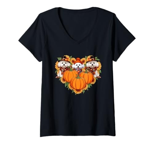 Damen DREI süße Bichon Frises Thanksgiving Pilger Sonnenblumen T-Shirt mit V-Ausschnitt Damen DREI süße Bichon Frises Thanksgiving Pilger Sonnenblumen T-Shirt mit V-Ausschnitt von Dog Thanksgiving Costume
