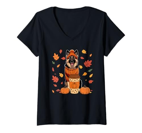 Damen Deutscher Schäferhund trägt Pullover Kaffee Thanksgiving Herbst T-Shirt mit V-Ausschnitt von Dog Thanksgiving Costume