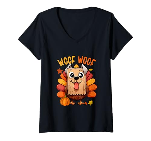 Damen Dog Sound Thanksgiving Turkey Cosplay Dog Fall Pumpkins T-Shirt mit V-Ausschnitt von Dog Thanksgiving Costume