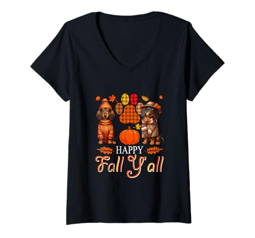 Damen Fall Y'all Thanksgiving Autumn Two Cute Dachshunds Owner T-Shirt mit V-Ausschnitt von Dog Thanksgiving Costume