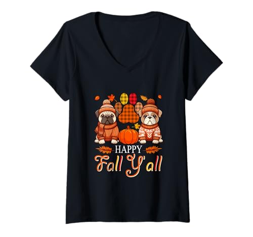 Damen Fall Y'all Thanksgiving Autumn Two Cute English Bulldogs T-Shirt mit V-Ausschnitt von Dog Thanksgiving Costume