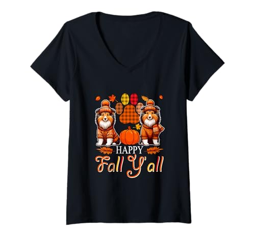 Damen Fall Y'all Thanksgiving Autumn Two Cute Shelties Owner T-Shirt mit V-Ausschnitt von Dog Thanksgiving Costume