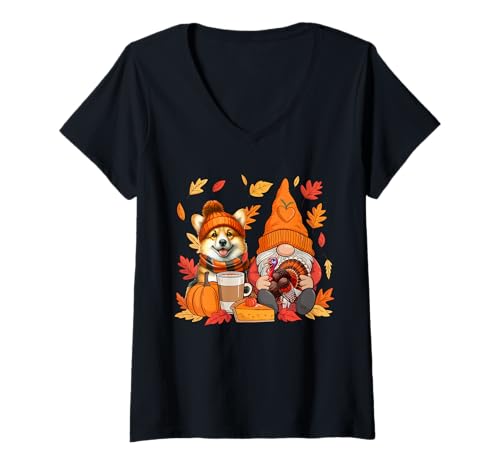 Damen Gnome Turkey Corgi Thanksgiving Fall Leaves Pumpkin Pie T-Shirt mit V-Ausschnitt Damen Gnome Turkey Corgi Thanksgiving Fall Leaves Pumpkin Pie T-Shirt mit V-Ausschnitt von Dog Thanksgiving Costume
