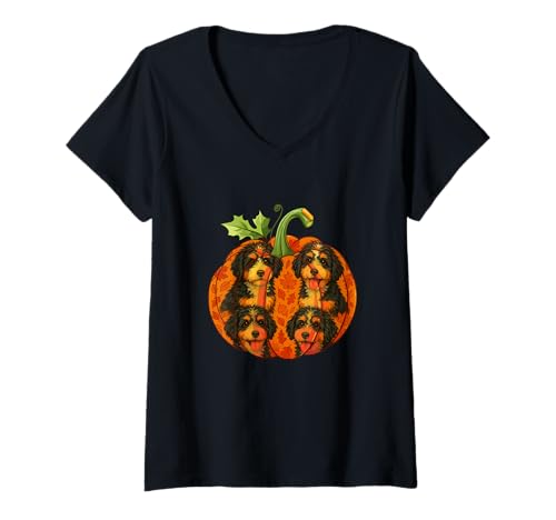 Damen Gruppe Bernedoodles Inside Pumpkin Halloween Thanksgiving T-Shirt mit V-Ausschnitt von Dog Thanksgiving Costume