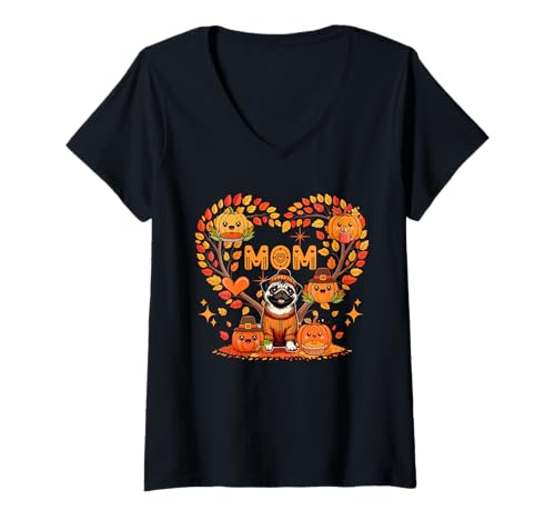 Damen Mom Thanksgiving Mops Pupmkins Fall Tree Cute Heart T-Shirt mit V-Ausschnitt von Dog Thanksgiving Costume