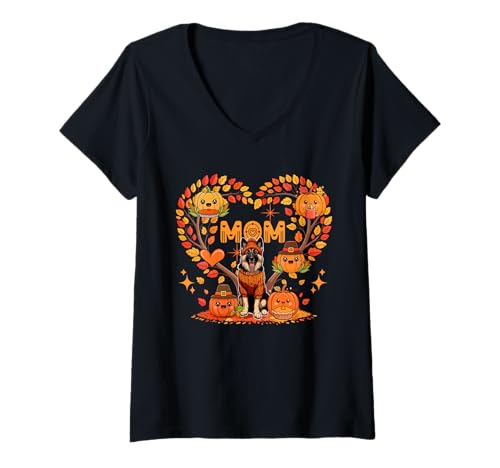Damen Mutter Thanksgiving Deutscher Schäferhund Pupmkins Fall süßes Herz T-Shirt mit V-Ausschnitt von Dog Thanksgiving Costume