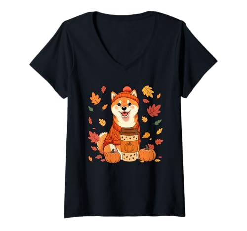 Damen Shiba Inus trägt Pullover Kaffee Thanksgiving Herbst Besitzer T-Shirt mit V-Ausschnitt von Dog Thanksgiving Costume
