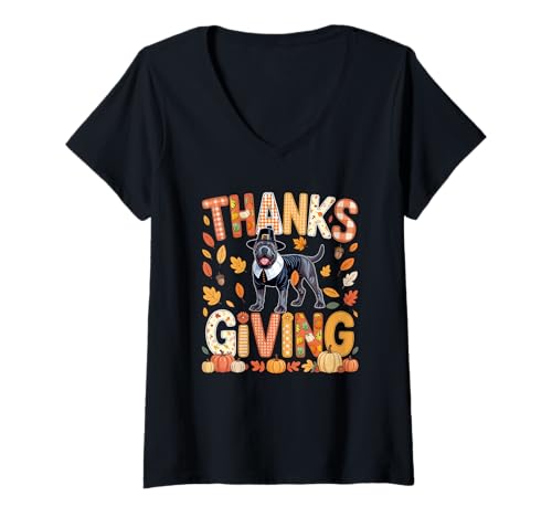 Damen Thanksgiving Cane Corso Cute Pilgrim Herbst Leaves Besitzer Kinder T-Shirt mit V-Ausschnitt von Dog Thanksgiving Costume