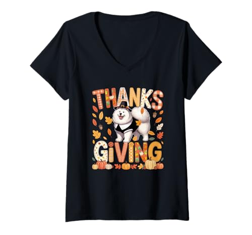 Damen Thanksgiving Samojeden Niedlich Pilger Herbst Blätter Besitzer Kinder T-Shirt mit V-Ausschnitt von Dog Thanksgiving Costume