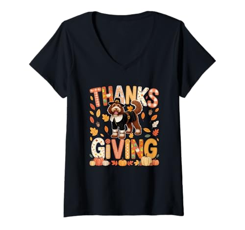Damen Thanksgiving Sproodle, niedliches Pilgerherbstlaub, Besitzer, Kinder T-Shirt mit V-Ausschnitt von Dog Thanksgiving Costume