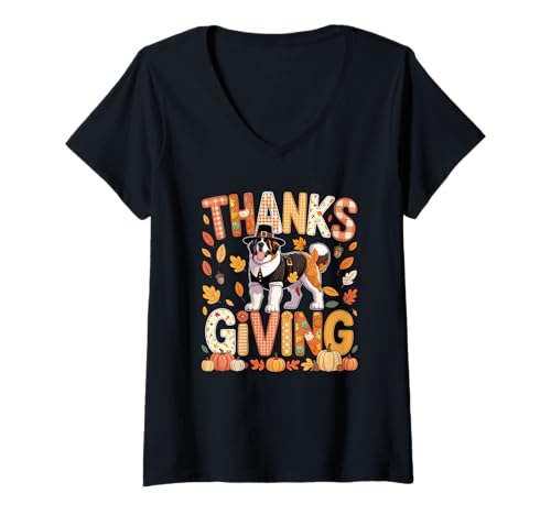 Damen Thanksgiving St. Bernard Cute Pilgrim Fall Leaves Besitzer Kinder T-Shirt mit V-Ausschnitt von Dog Thanksgiving Costume