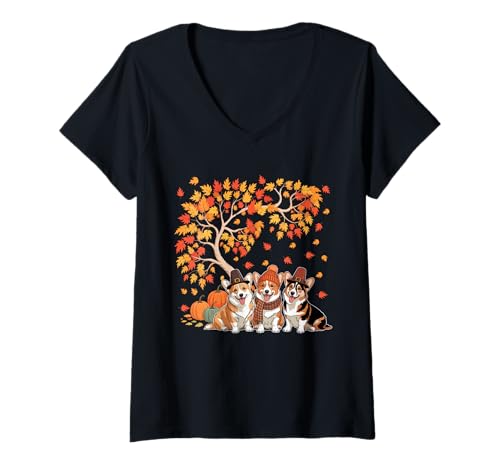 Damen Three Cute Corgis Pumpkins Under Fall Tree Thanksgiving T-Shirt mit V-Ausschnitt Damen Three Cute Corgis Pumpkins Under Fall Tree Thanksgiving T-Shirt mit V-Ausschnitt von Dog Thanksgiving Costume