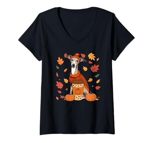 Damen Whippets tragen Pullover Kaffee Thanksgiving Herbst Besitzer T-Shirt mit V-Ausschnitt von Dog Thanksgiving Costume