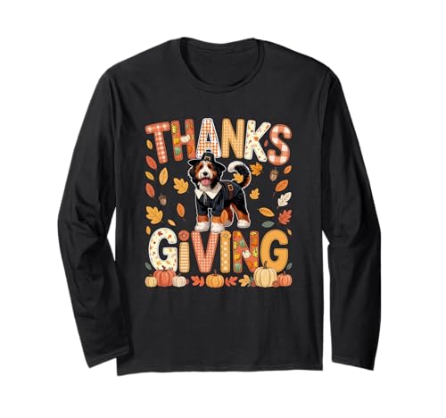 Thanksgiving Bernedoodle Cute Pilgrim Fall Leaves Besitzer Kinder Langarmshirt von Dog Thanksgiving Costume