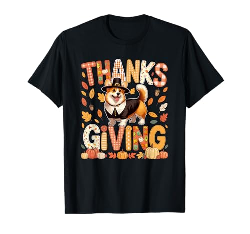 Thanksgiving Corgi Cute Pilgrim Fall Leaves Besitzer Kinder T-Shirt von Dog Thanksgiving Costume