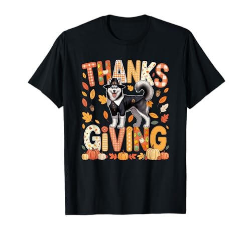 Thanksgiving Husky Cute Pilgrim Fall Leaves, Besitzer, Kinder T-Shirt von Dog Thanksgiving Costume