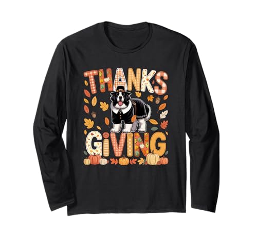 Thanksgiving Landseer Cute Pilgrim Fall Leaves Besitzer Kinder Langarmshirt von Dog Thanksgiving Costume