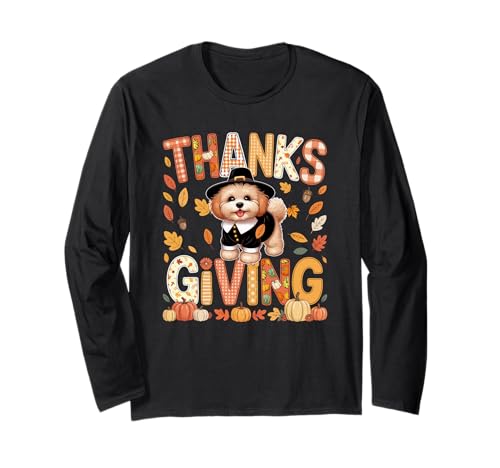 Thanksgiving Malteser Cute Pilgrim Fall Leaves Besitzer Kinder Langarmshirt von Dog Thanksgiving Costume