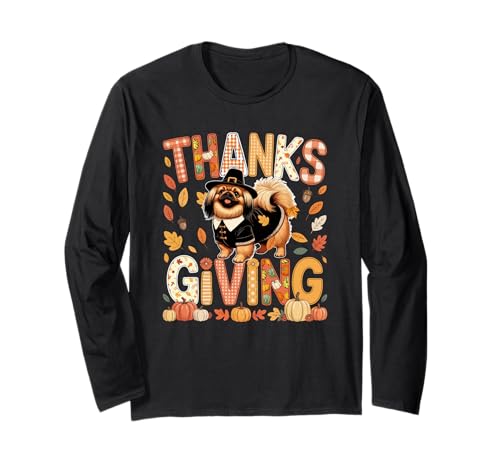 Thanksgiving Pekinese Cute Pilgrim Fall Leaves Besitzer Kinder Langarmshirt von Dog Thanksgiving Costume