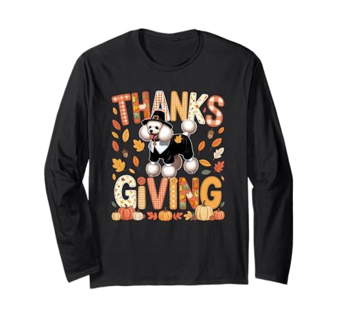 Thanksgiving Pudel Cute Pilgrim Fall Leaves Besitzer Kinder Langarmshirt von Dog Thanksgiving Costume