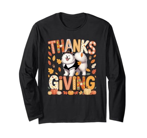 Thanksgiving Samojeden Niedlich Pilger Herbst Blätter Besitzer Kinder Langarmshirt von Dog Thanksgiving Costume