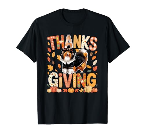 Thanksgiving Sheltie Cute Pilgrim Fall Leaves, Besitzer, Kinder T-Shirt von Dog Thanksgiving Costume