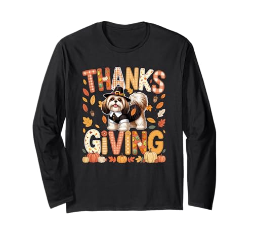 Thanksgiving Shih Tzu Cute Pilgrim Fall Leaves Besitzer Kinder Langarmshirt von Dog Thanksgiving Costume