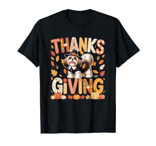 Thanksgiving Shih Tzu Cute Pilgrim Fall Leaves Besitzer Kinder T-Shirt von Dog Thanksgiving Costume