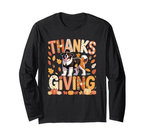 Thanksgiving St. Bernard Cute Pilgrim Fall Leaves Besitzer Kinder Langarmshirt von Dog Thanksgiving Costume