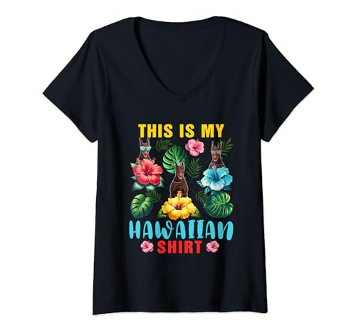 Damen Mein Hawaiihemd mit drei süßen Dobermann-Sonnenbrillen auf Reisen T-Shirt mit V-Ausschnitt von Dog Vacations Costume