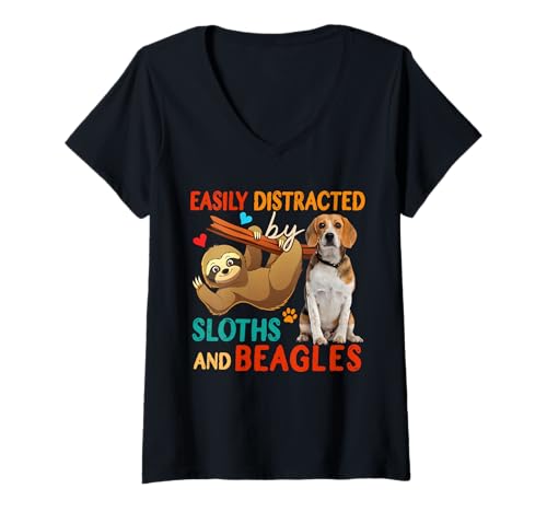 Damen Vintage Easily Distracted by Sloths and Beagles Dog Lover T-Shirt mit V-Ausschnitt von Dog Vacations Costume