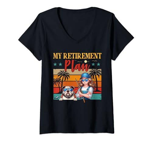 Damen Vintage My Retirement Plan Costume Woman Fishing Bulldog T-Shirt mit V-Ausschnitt von Dog Vacations Costume