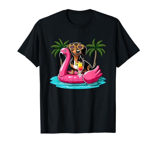 Dog Vacations Costume Dackel Sonnenbrille auf Flamingo Süßes Float Kostüm Sommer T-Shirt für Unisex-Kinder, Herren, Damen in Schwarz, Klein von Dog Vacations Costume