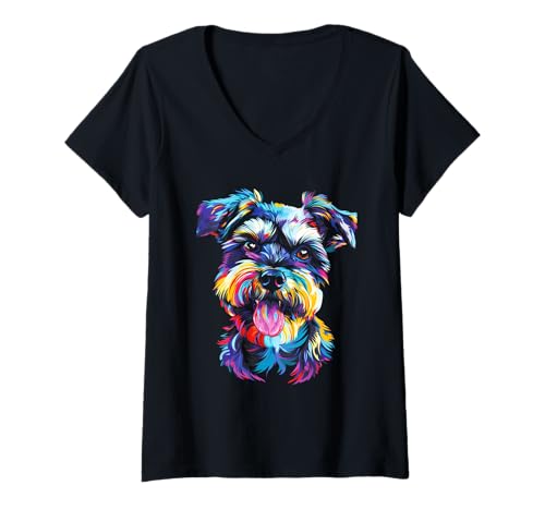 Damen Miniatur Schnauzer Pop Art Bunte Hund Pop Art T-Shirt mit V-Ausschnitt von Dog lover Pet art Dog Abstract dog