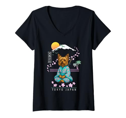 Damen Australian Silky Terrier T-Shirt mit V-Ausschnitt von Dog & Pet Owner Art