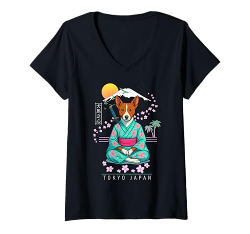 Damen Basenji T-Shirt mit V-Ausschnitt von Dog & Pet Owner Art