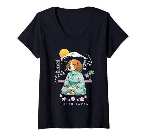 Damen Beagle T-Shirt mit V-Ausschnitt von Dog & Pet Owner Art