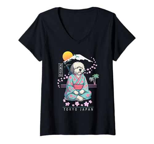 Damen Bobtail Old English Sheepdog T-Shirt mit V-Ausschnitt von Dog & Pet Owner Art