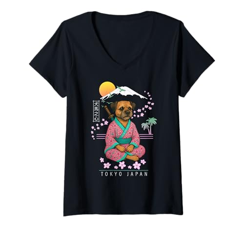 Damen Border Terrier T-Shirt mit V-Ausschnitt von Dog & Pet Owner Art