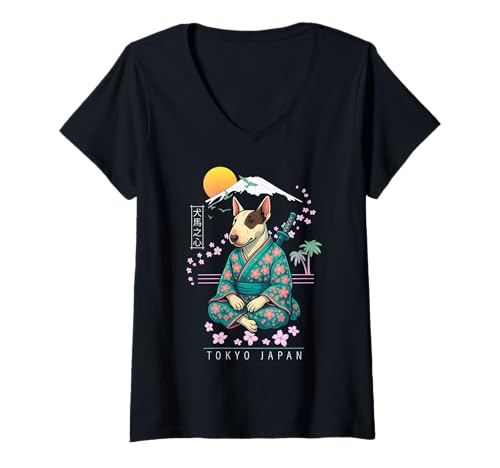 Damen Bull Terrier T-Shirt mit V-Ausschnitt von Dog & Pet Owner Art