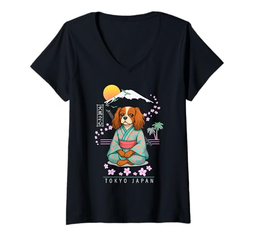 Damen Cavalier King Charles Spaniel T-Shirt mit V-Ausschnitt von Dog & Pet Owner Art