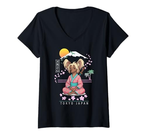 Damen Chinesischer Schopfhund T-Shirt mit V-Ausschnitt von Dog & Pet Owner Art