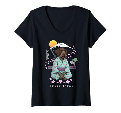 Damen Deutsch Drahthaar T-Shirt mit V-Ausschnitt von Dog & Pet Owner Art