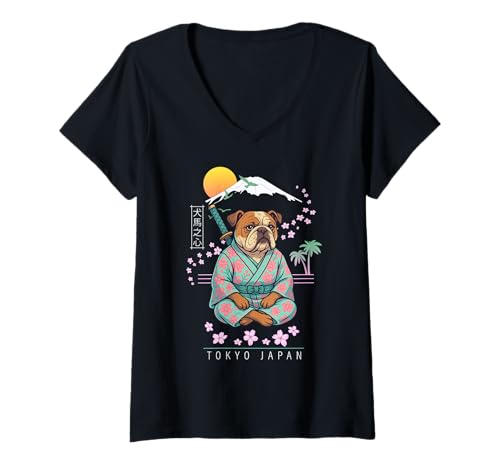 Damen Englische Bulldogge T-Shirt mit V-Ausschnitt von Dog & Pet Owner Art