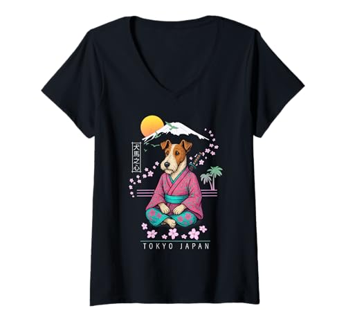 Damen Foxterrier T-Shirt mit V-Ausschnitt von Dog & Pet Owner Art