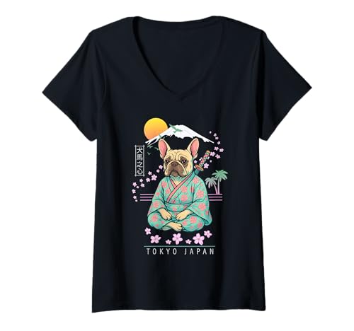 Damen Französische Bulldogge Frenchie T-Shirt mit V-Ausschnitt von Dog & Pet Owner Art