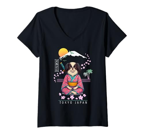 Damen Japan Chin T-Shirt mit V-Ausschnitt von Dog & Pet Owner Art
