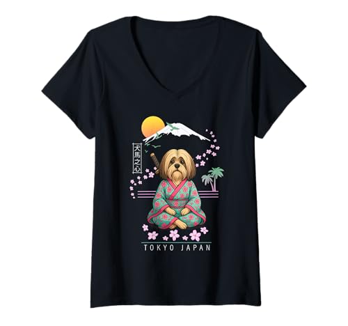 Damen Lhasa Apso T-Shirt mit V-Ausschnitt von Dog & Pet Owner Art